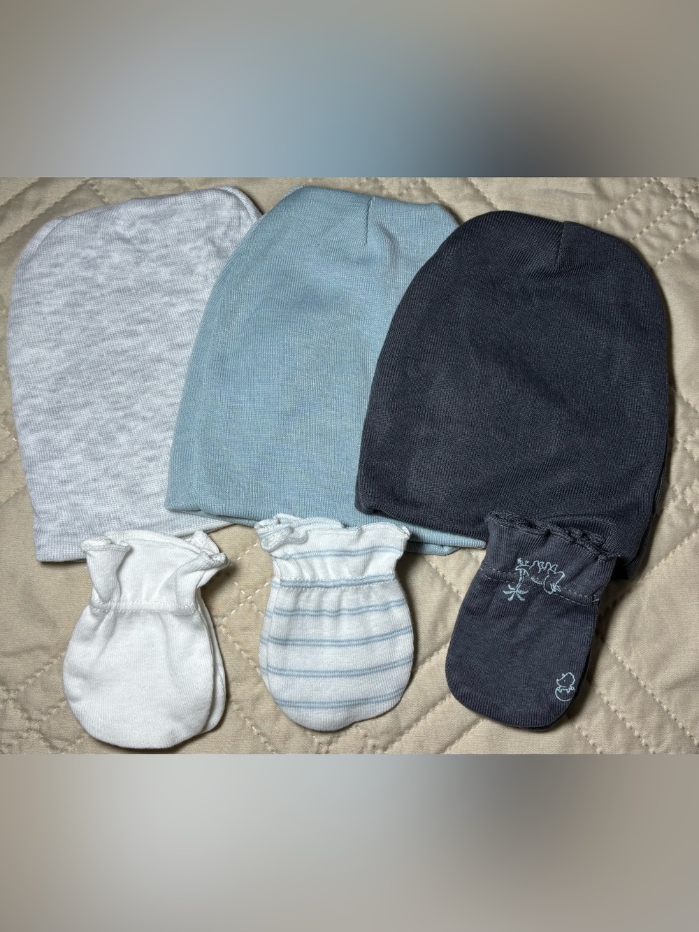 Old Navy  Baby Beanie and Mittens Set - Light Blue, Gray, White, Navy